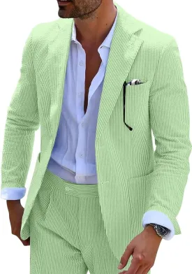 Seersucker Slim Suits for Men Formal Casul Summer Beach Wedding Grooms 2 Piece Blazer Pants Party Striped Suit Sets