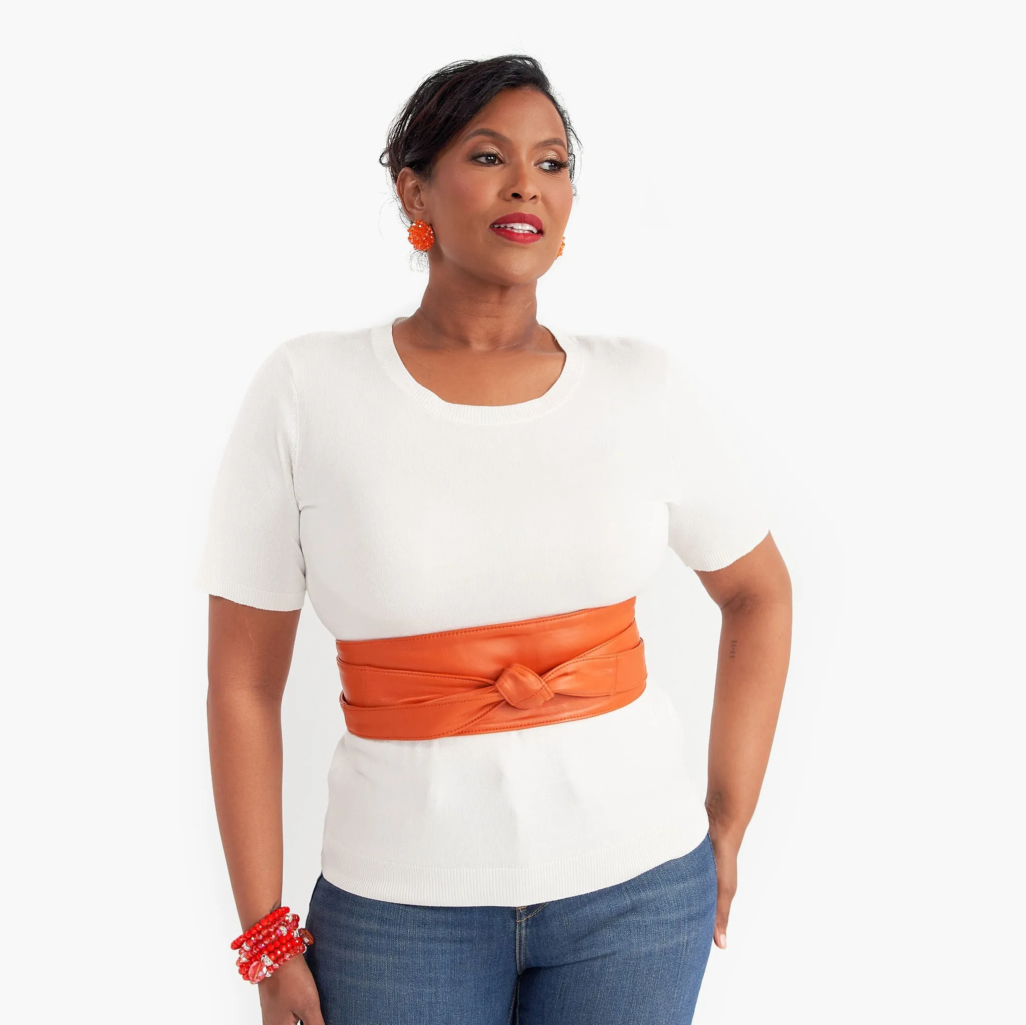 Sheepskin Leather Obi Wrap Belt - Orange