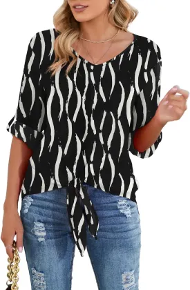 SUEANI Women's Tie Front Tops Roll Up Sleeve V Neck Chiffon Blouse Casual Work Shirt