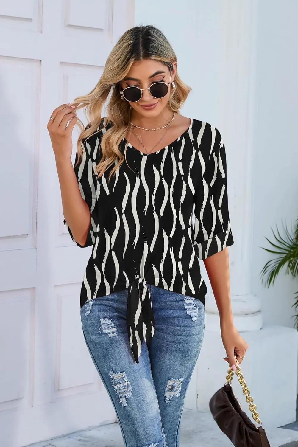 SUEANI Women's Tie Front Tops Roll Up Sleeve V Neck Chiffon Blouse Casual Work Shirt