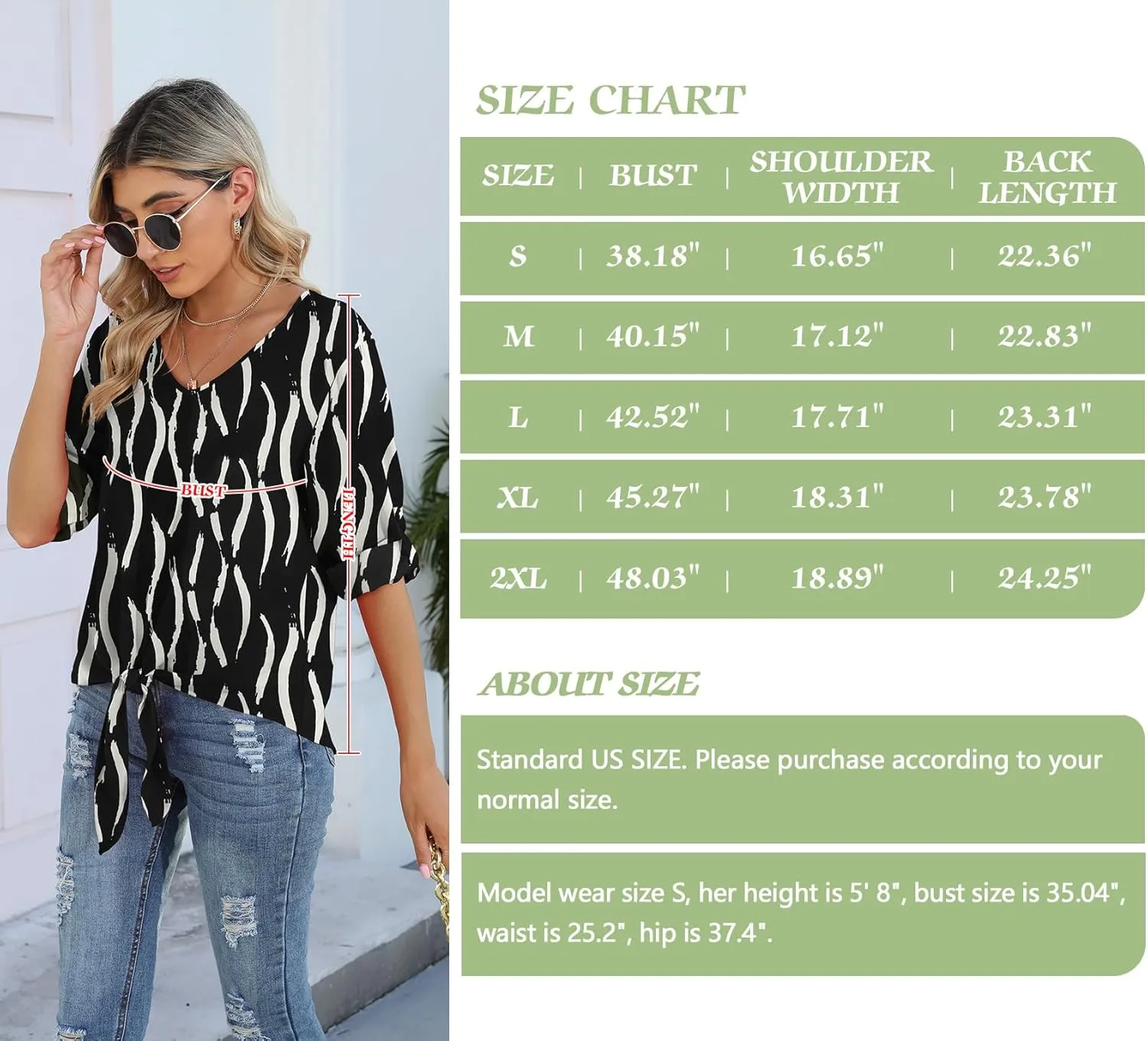 SUEANI Women's Tie Front Tops Roll Up Sleeve V Neck Chiffon Blouse Casual Work Shirt