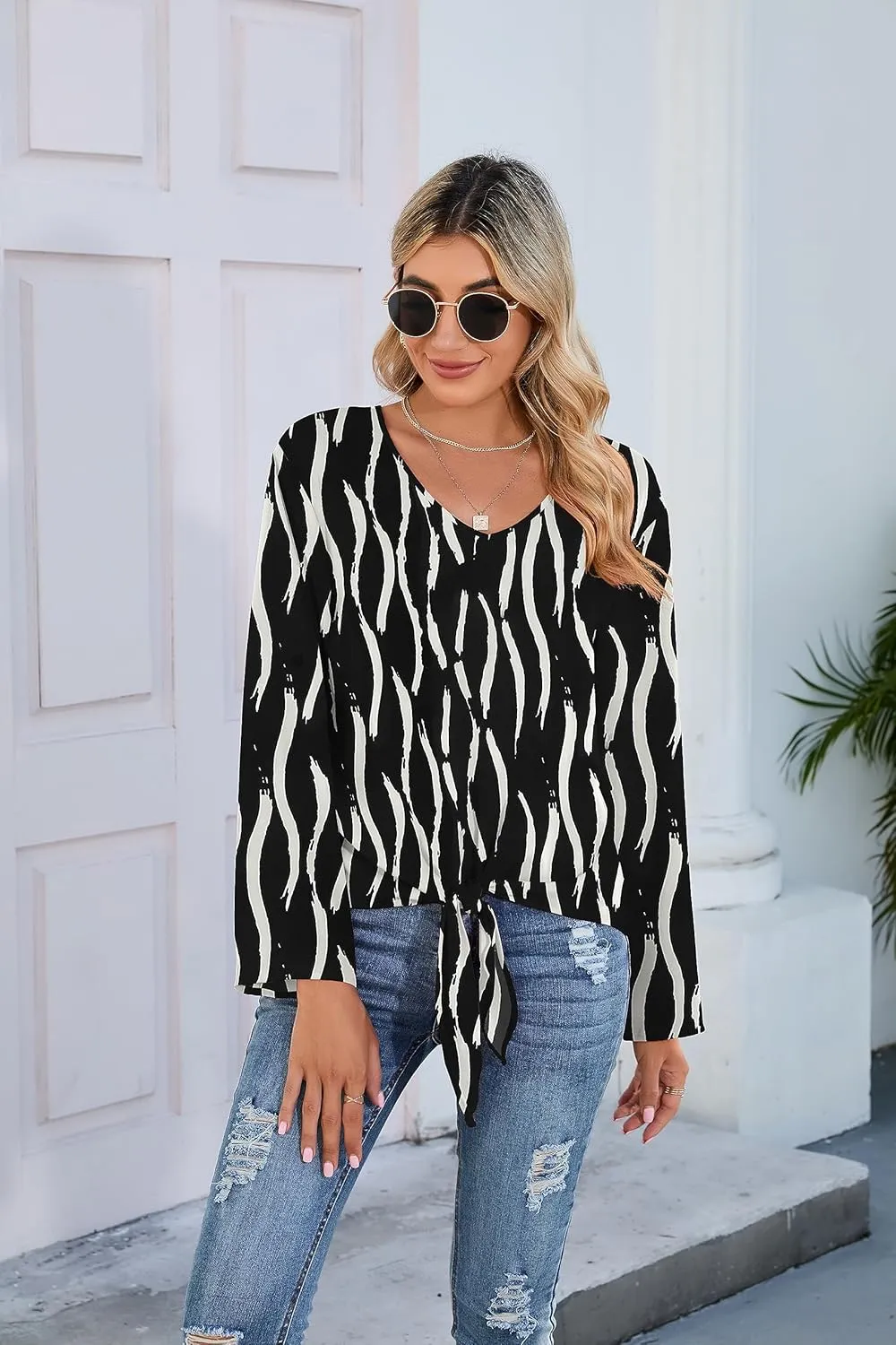 SUEANI Women's Tie Front Tops Roll Up Sleeve V Neck Chiffon Blouse Casual Work Shirt