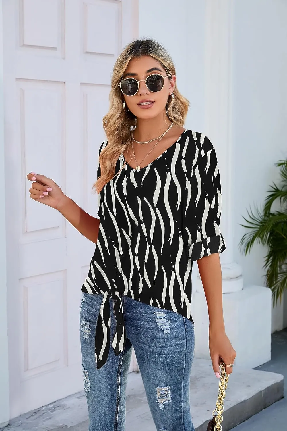 SUEANI Women's Tie Front Tops Roll Up Sleeve V Neck Chiffon Blouse Casual Work Shirt