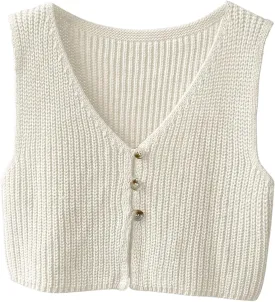 SweatyRocks Women's Button Front Sweater Vest Split V Neck Sleeveless Crop Knit Tops