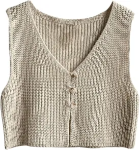 SweatyRocks Women's Button Front Sweater Vest Split V Neck Sleeveless Crop Knit Tops