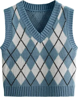 SweatyRocks Women's Plaid Geo Sleeveless V Neck Knit Crop Top Sweater Vest