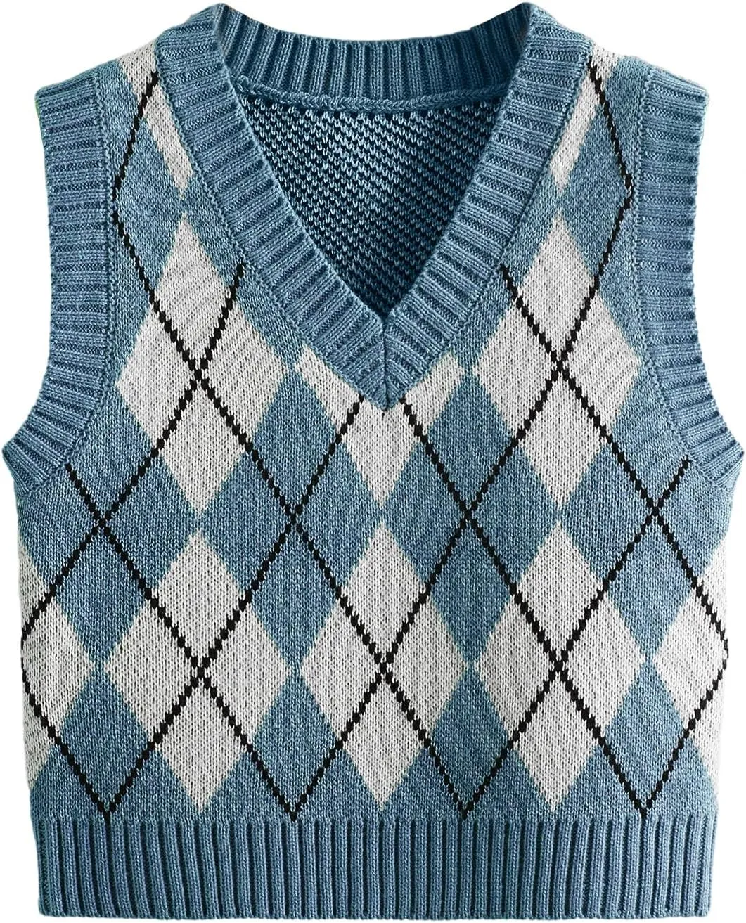 SweatyRocks Women's Plaid Geo Sleeveless V Neck Knit Crop Top Sweater Vest