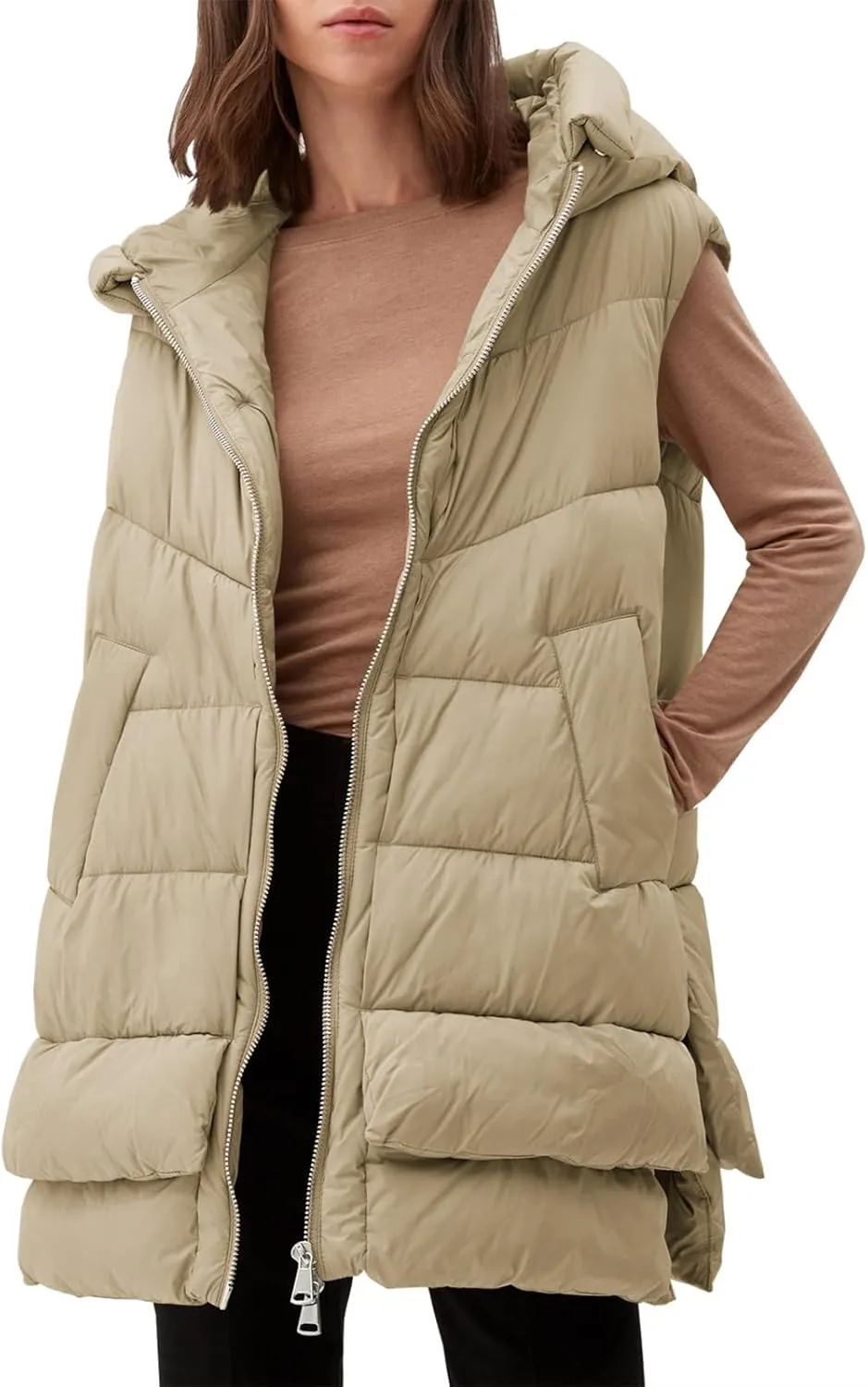Tankaneo Women Hooded Long Puffer Vest Sleeveless Lightweight Quilted Coat Winter Padded Gilet Jacket with Pocket