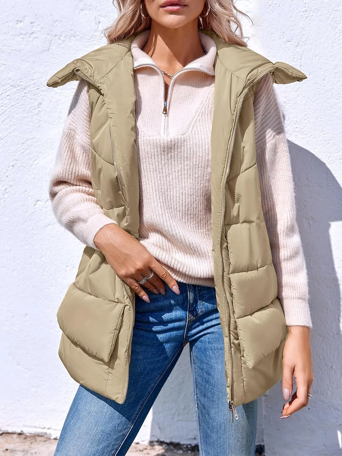 Tankaneo Women Hooded Long Puffer Vest Sleeveless Lightweight Quilted Coat Winter Padded Gilet Jacket with Pocket