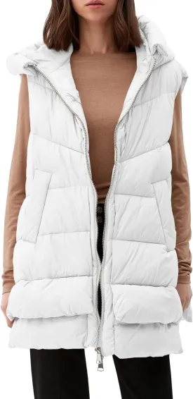 Tankaneo Women Hooded Long Puffer Vest Sleeveless Lightweight Quilted Coat Winter Padded Gilet Jacket with Pocket