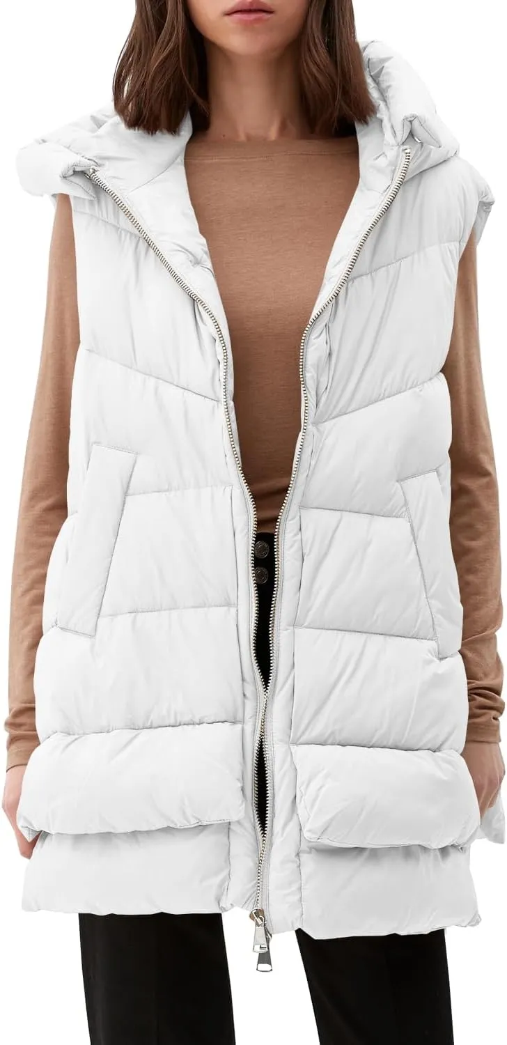 Tankaneo Women Hooded Long Puffer Vest Sleeveless Lightweight Quilted Coat Winter Padded Gilet Jacket with Pocket