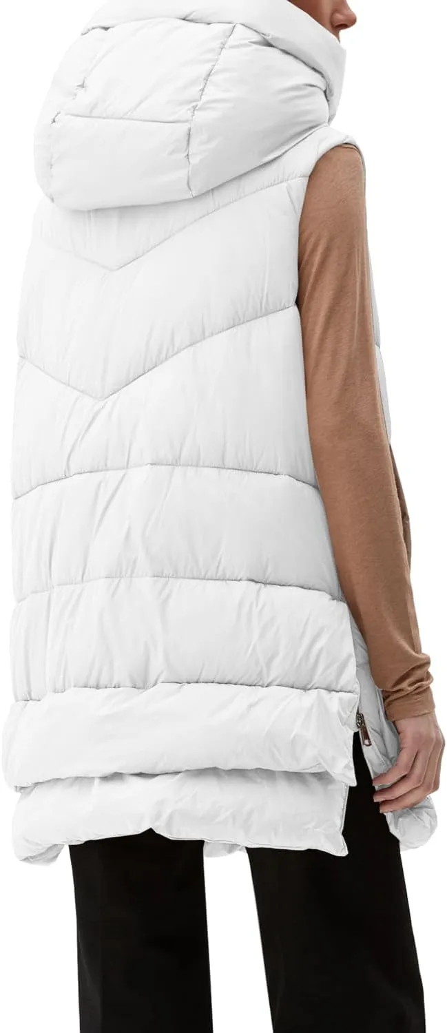 Tankaneo Women Hooded Long Puffer Vest Sleeveless Lightweight Quilted Coat Winter Padded Gilet Jacket with Pocket