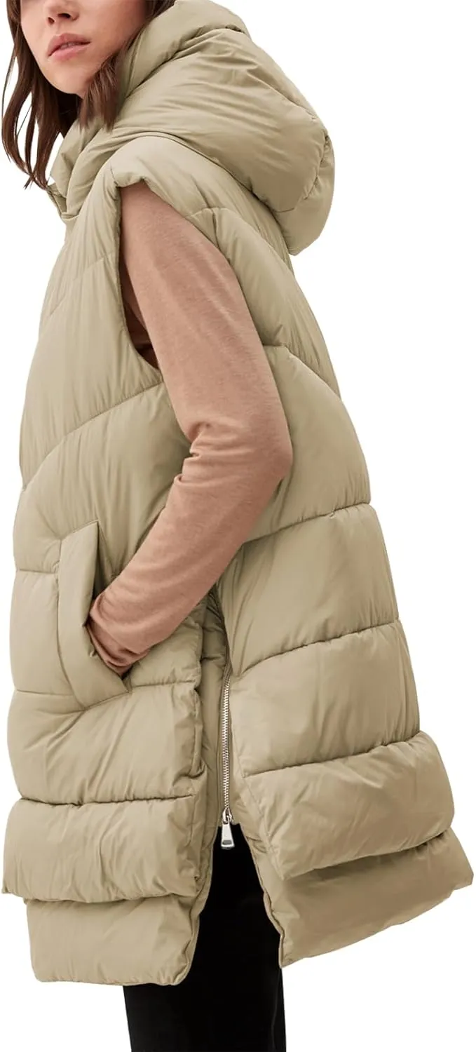 Tankaneo Women Hooded Long Puffer Vest Sleeveless Lightweight Quilted Coat Winter Padded Gilet Jacket with Pocket