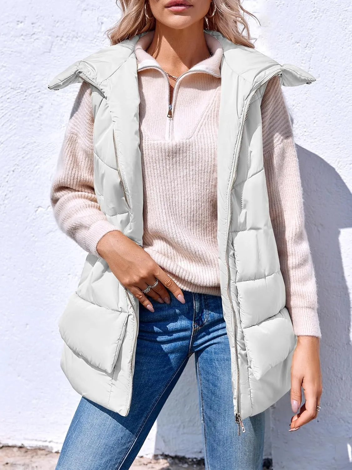 Tankaneo Women Hooded Long Puffer Vest Sleeveless Lightweight Quilted Coat Winter Padded Gilet Jacket with Pocket