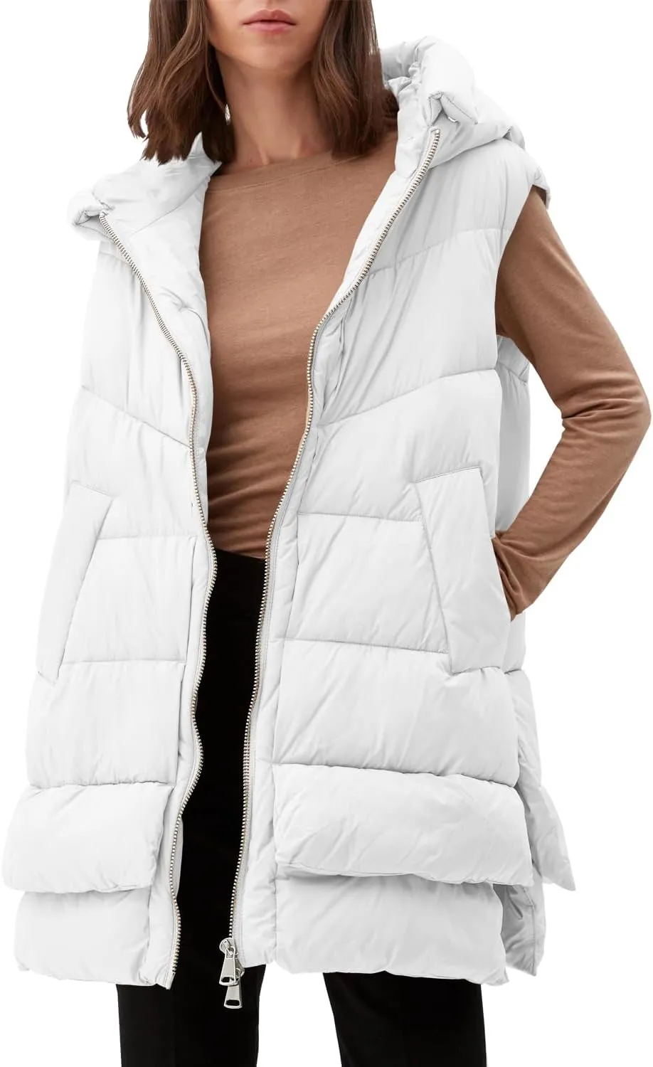 Tankaneo Women Hooded Long Puffer Vest Sleeveless Lightweight Quilted Coat Winter Padded Gilet Jacket with Pocket