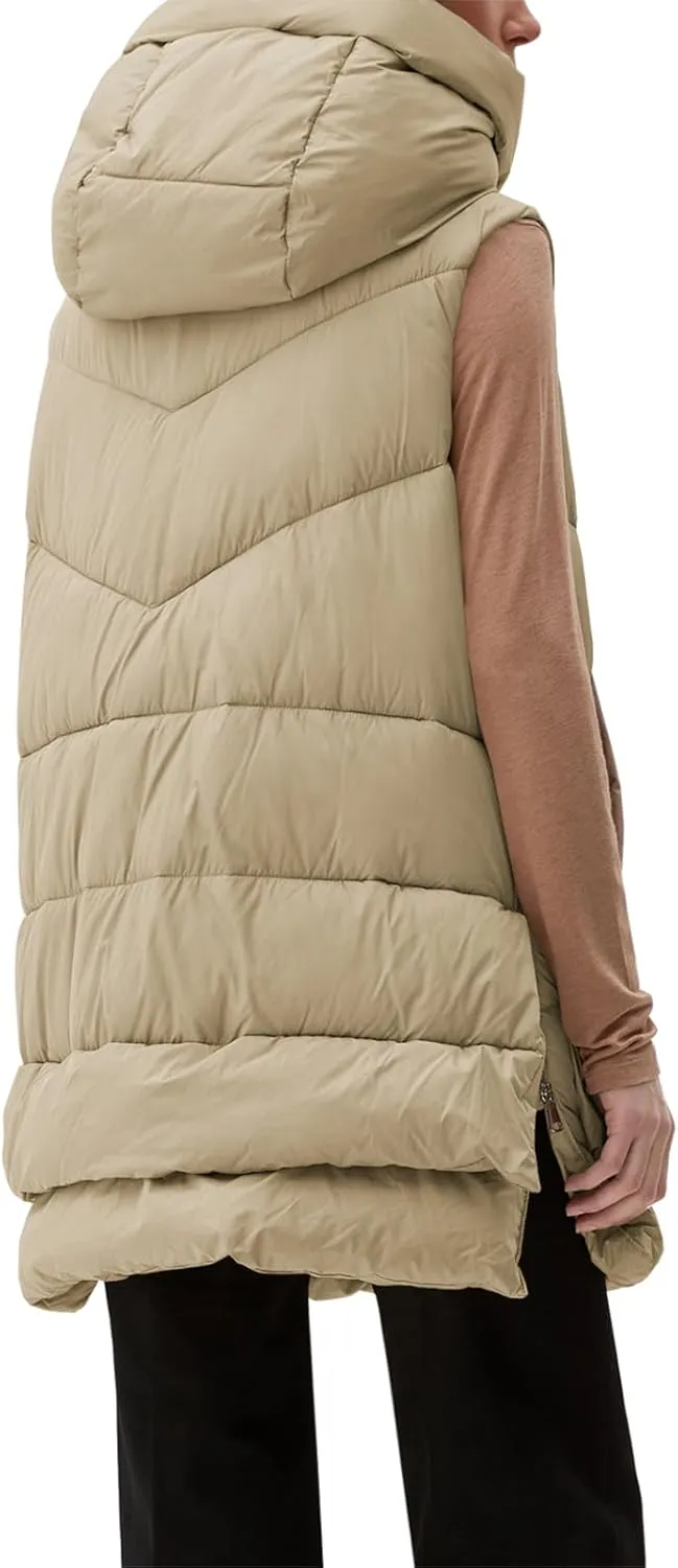 Tankaneo Women Hooded Long Puffer Vest Sleeveless Lightweight Quilted Coat Winter Padded Gilet Jacket with Pocket