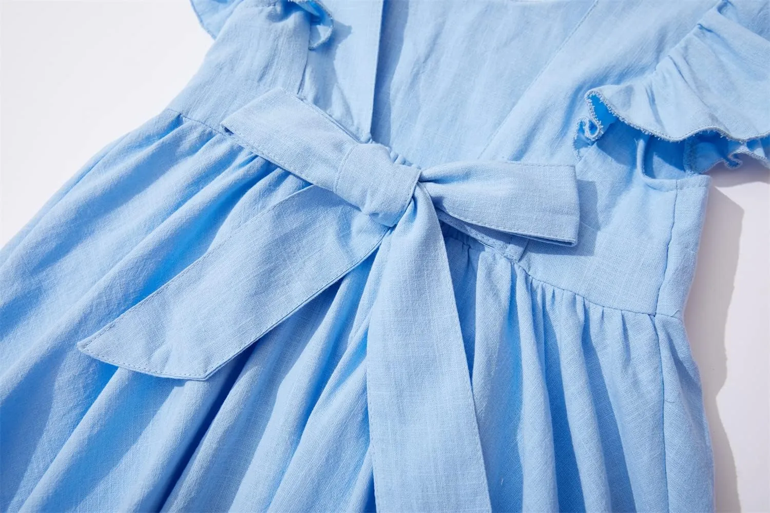 Toddler Girls Lace Dress Baby Kids Tie Back Bow Pom Pom Ruffle Sleeve Backless Party Princess Dresses