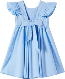 Toddler Girls Lace Dress Baby Kids Tie Back Bow Pom Pom Ruffle Sleeve Backless Party Princess Dresses