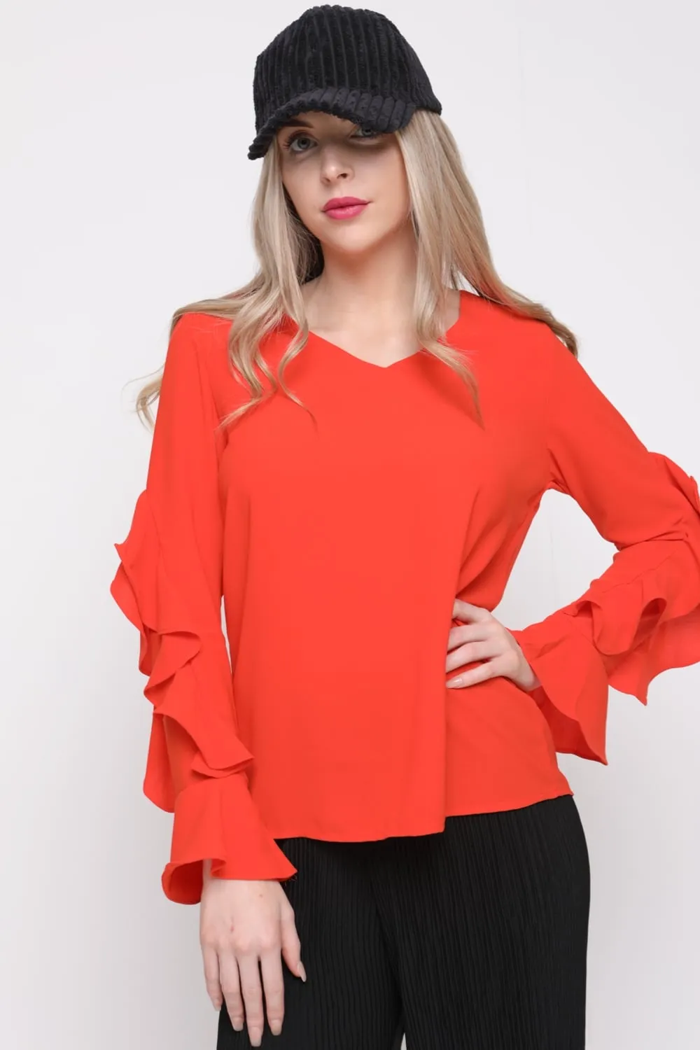 V Neck Ruffle Waterfall Sleeve Blouse Top