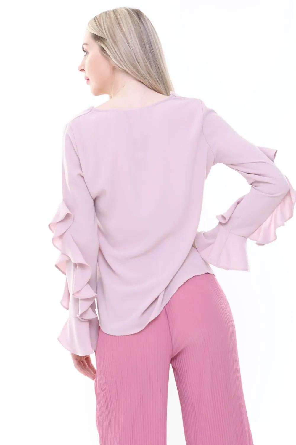 V Neck Ruffle Waterfall Sleeve Blouse Top