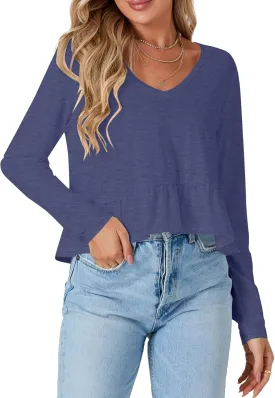 Vrtige Women's Casual V Neck Long Sleeve Peplum Ruffle Hem Babydoll Blouse Shirt Crop Top
