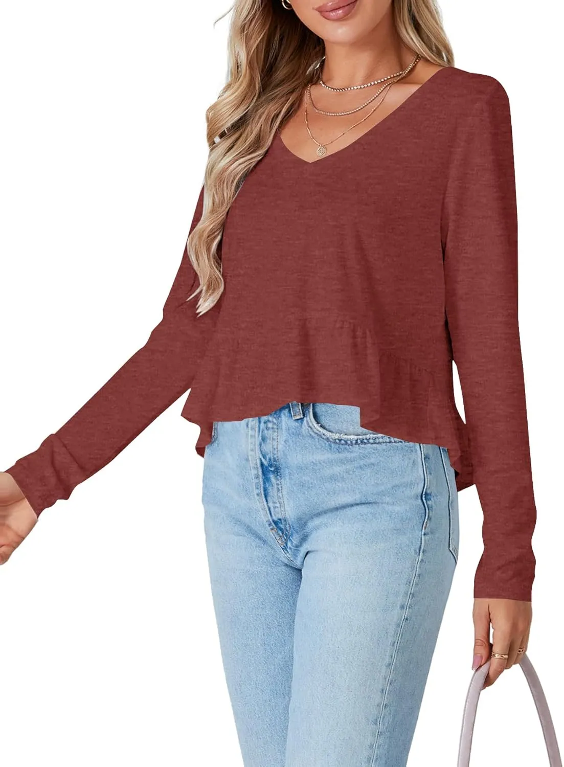 Vrtige Women's Casual V Neck Long Sleeve Peplum Ruffle Hem Babydoll Blouse Shirt Crop Top