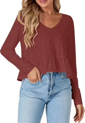 Vrtige Women's Casual V Neck Long Sleeve Peplum Ruffle Hem Babydoll Blouse Shirt Crop Top