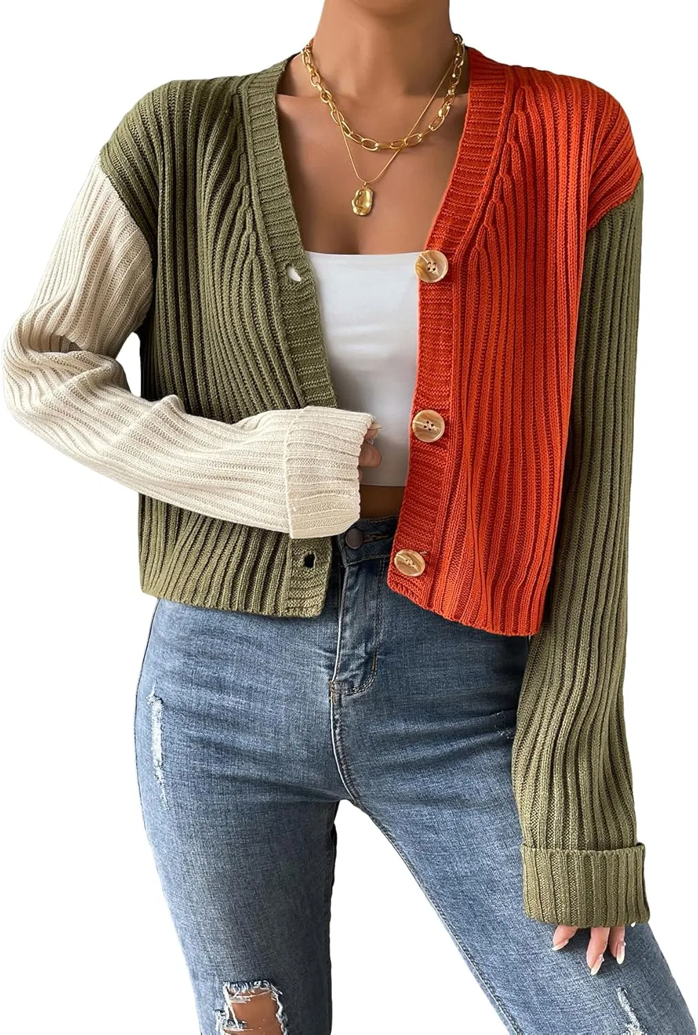 WDIRARA Women's Long Sleeve Button Front V Neck Casual Crop Cardigan Sweater