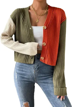 WDIRARA Women's Long Sleeve Button Front V Neck Casual Crop Cardigan Sweater
