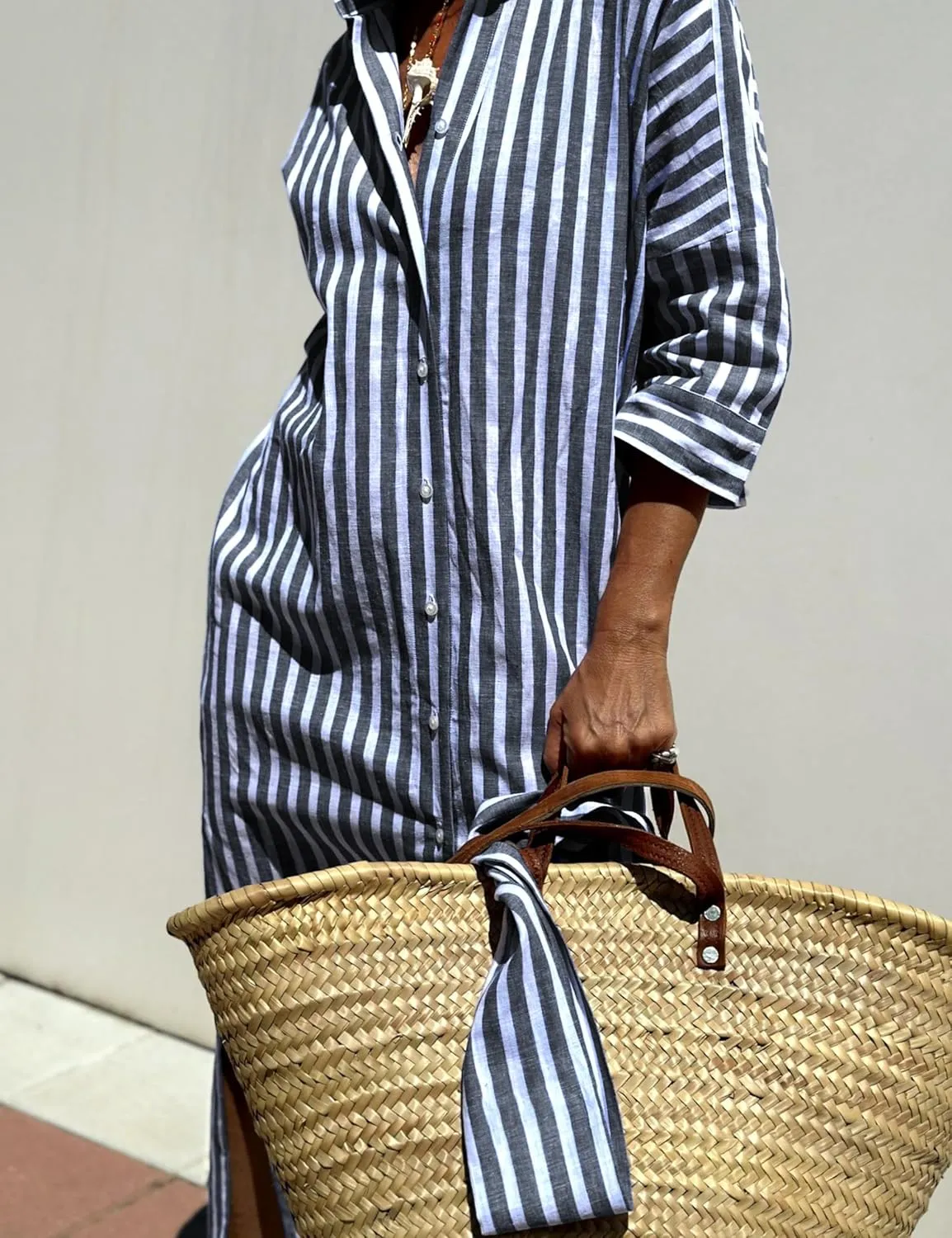 Women Button Down Striped Shirt Maxi Dress Casual Lapel 3/4 Sleeve Belted Loose Vacation Long Dresses