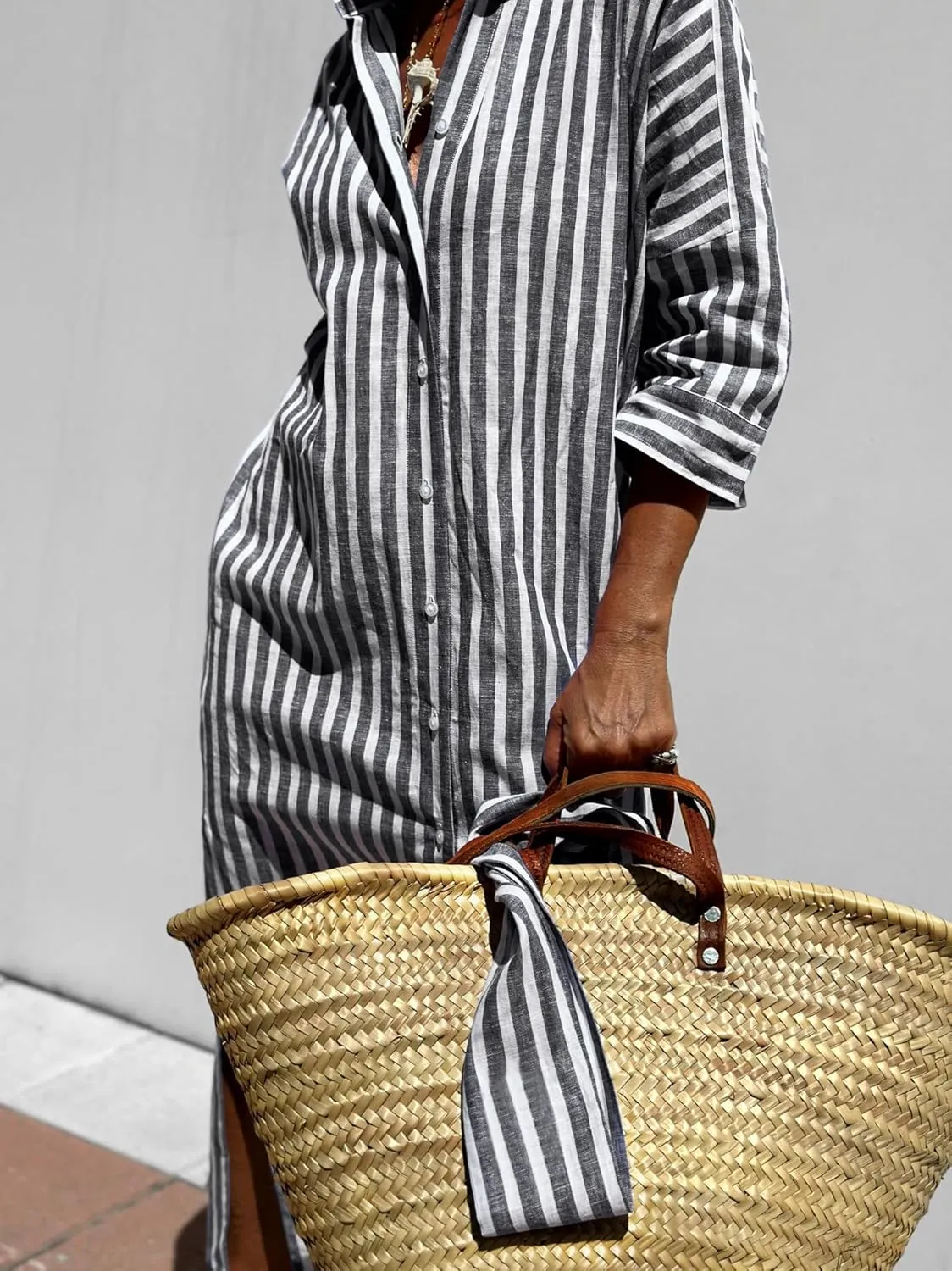 Women Button Down Striped Shirt Maxi Dress Casual Lapel 3/4 Sleeve Belted Loose Vacation Long Dresses