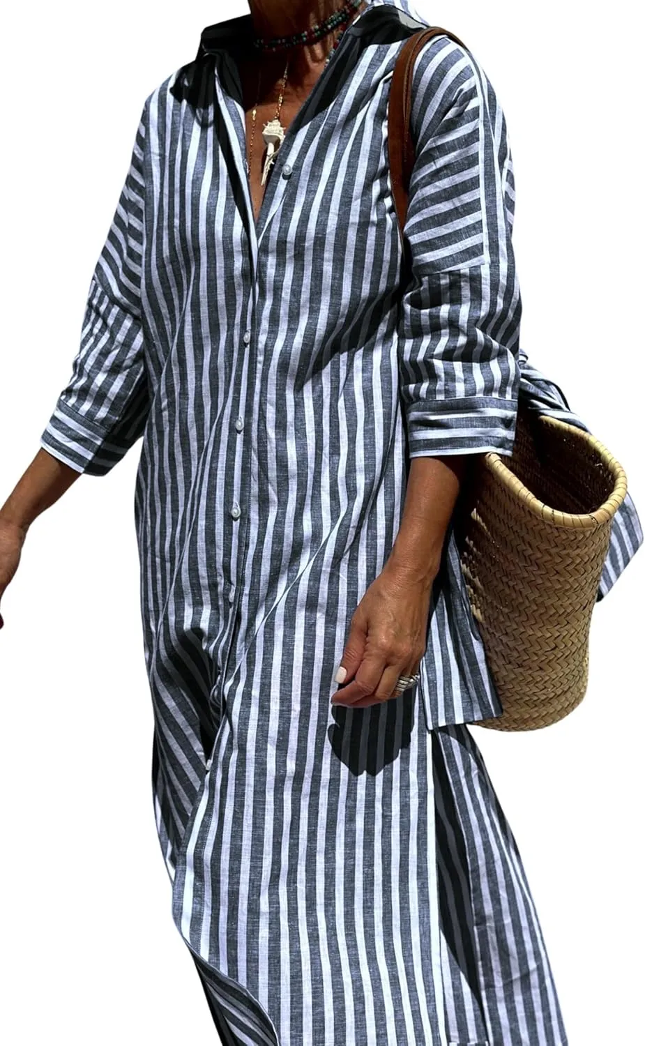 Women Button Down Striped Shirt Maxi Dress Casual Lapel 3/4 Sleeve Belted Loose Vacation Long Dresses