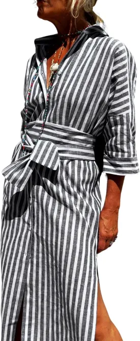Women Button Down Striped Shirt Maxi Dress Casual Lapel 3/4 Sleeve Belted Loose Vacation Long Dresses