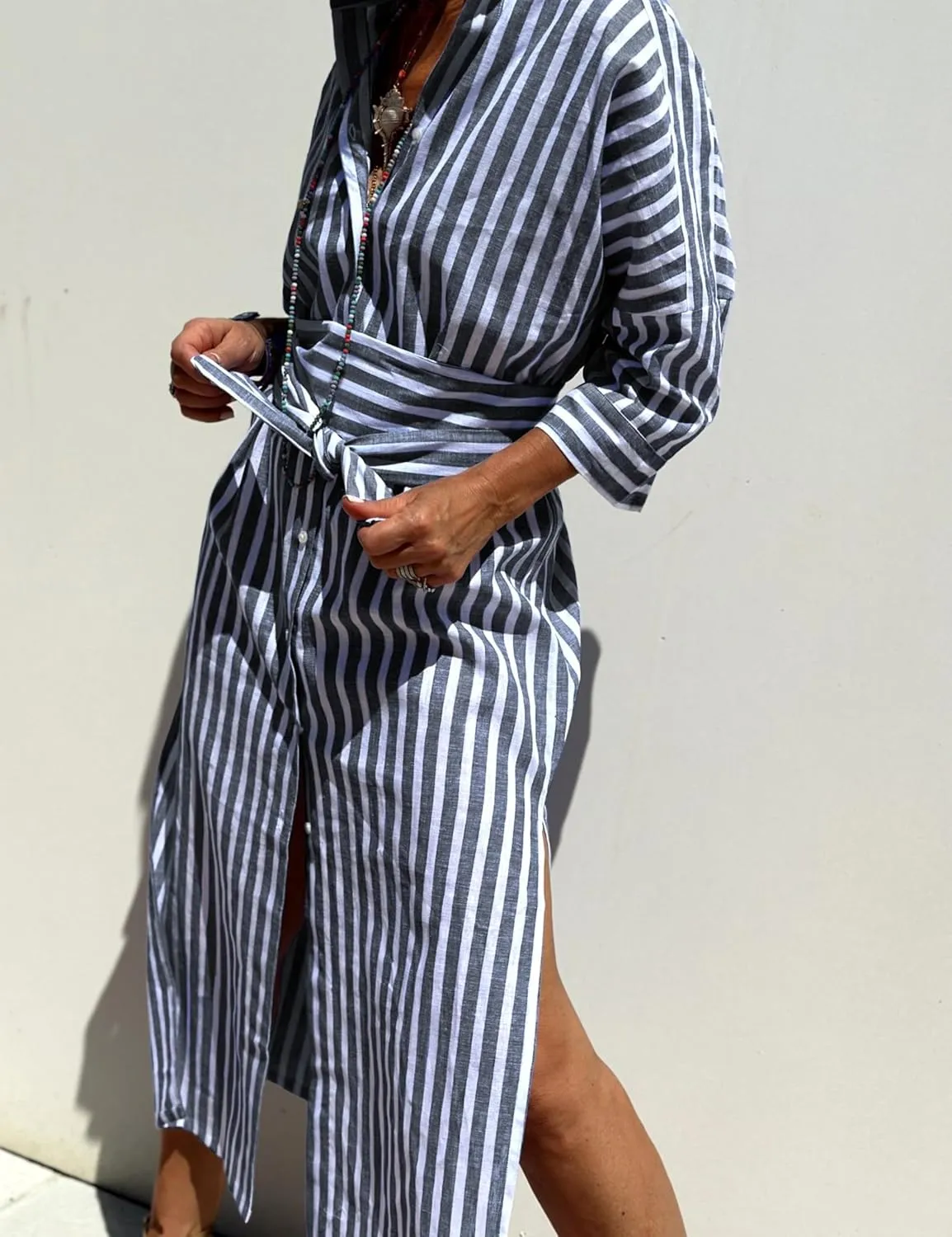 Women Button Down Striped Shirt Maxi Dress Casual Lapel 3/4 Sleeve Belted Loose Vacation Long Dresses