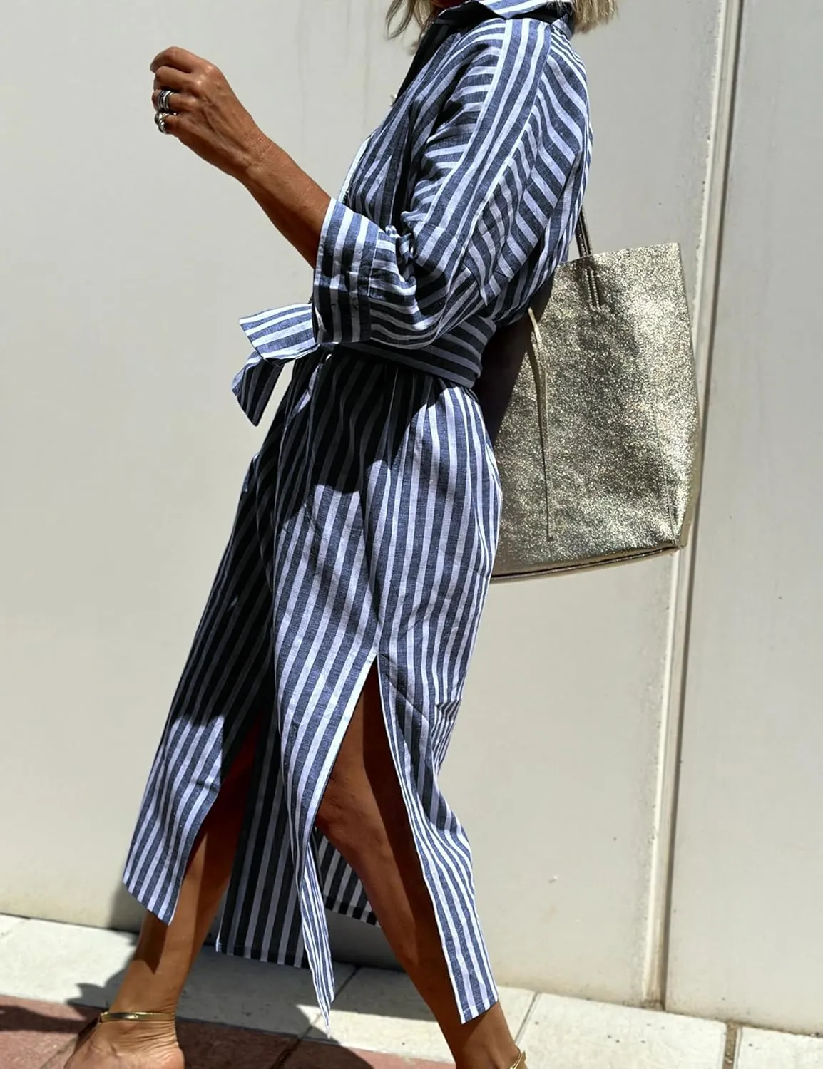 Women Button Down Striped Shirt Maxi Dress Casual Lapel 3/4 Sleeve Belted Loose Vacation Long Dresses