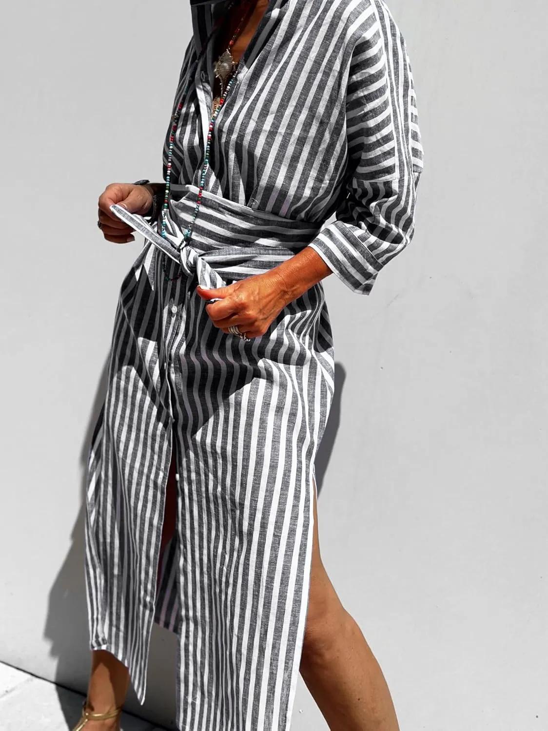 Women Button Down Striped Shirt Maxi Dress Casual Lapel 3/4 Sleeve Belted Loose Vacation Long Dresses