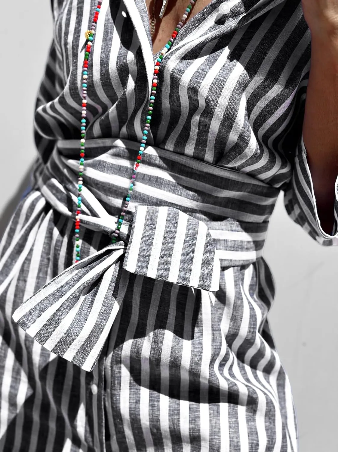 Women Button Down Striped Shirt Maxi Dress Casual Lapel 3/4 Sleeve Belted Loose Vacation Long Dresses
