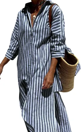 Women Button Down Striped Shirt Maxi Dress Casual Lapel 3/4 Sleeve Belted Loose Vacation Long Dresses