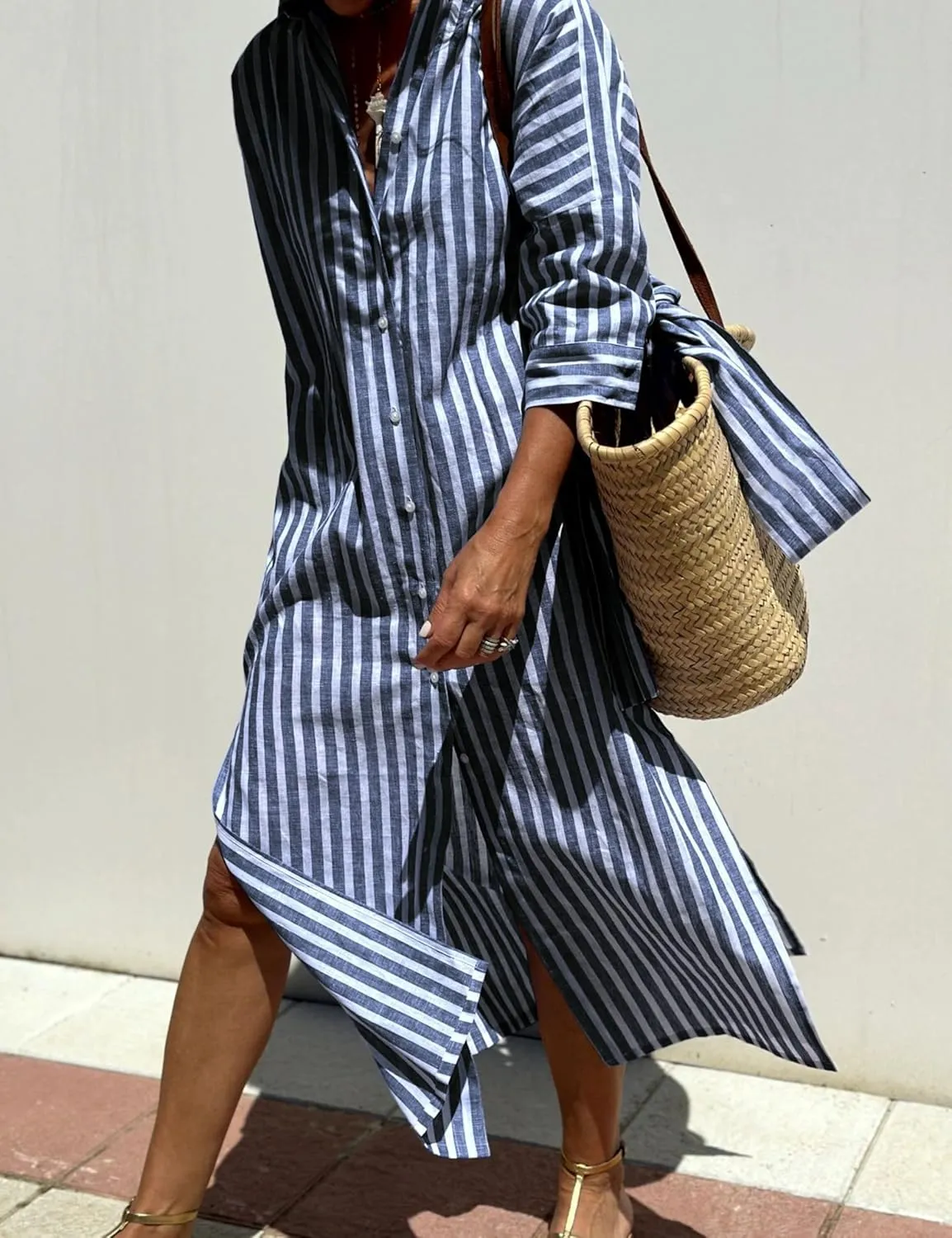 Women Button Down Striped Shirt Maxi Dress Casual Lapel 3/4 Sleeve Belted Loose Vacation Long Dresses