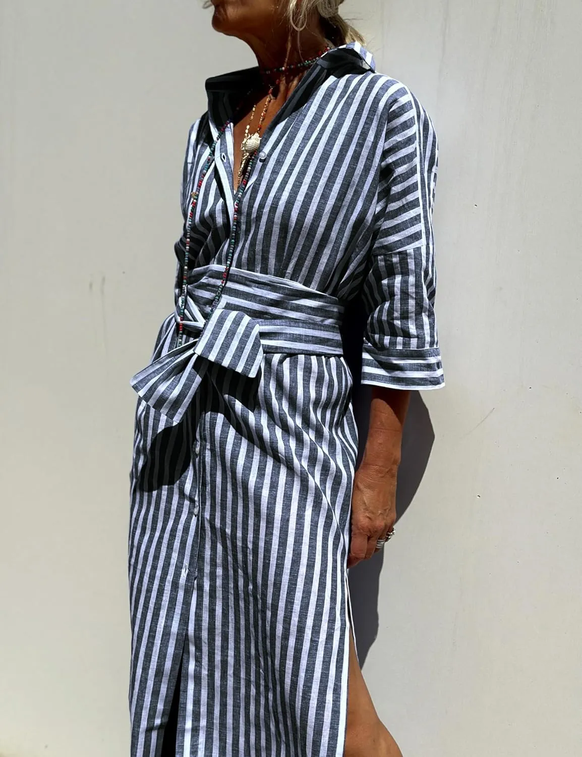 Women Button Down Striped Shirt Maxi Dress Casual Lapel 3/4 Sleeve Belted Loose Vacation Long Dresses