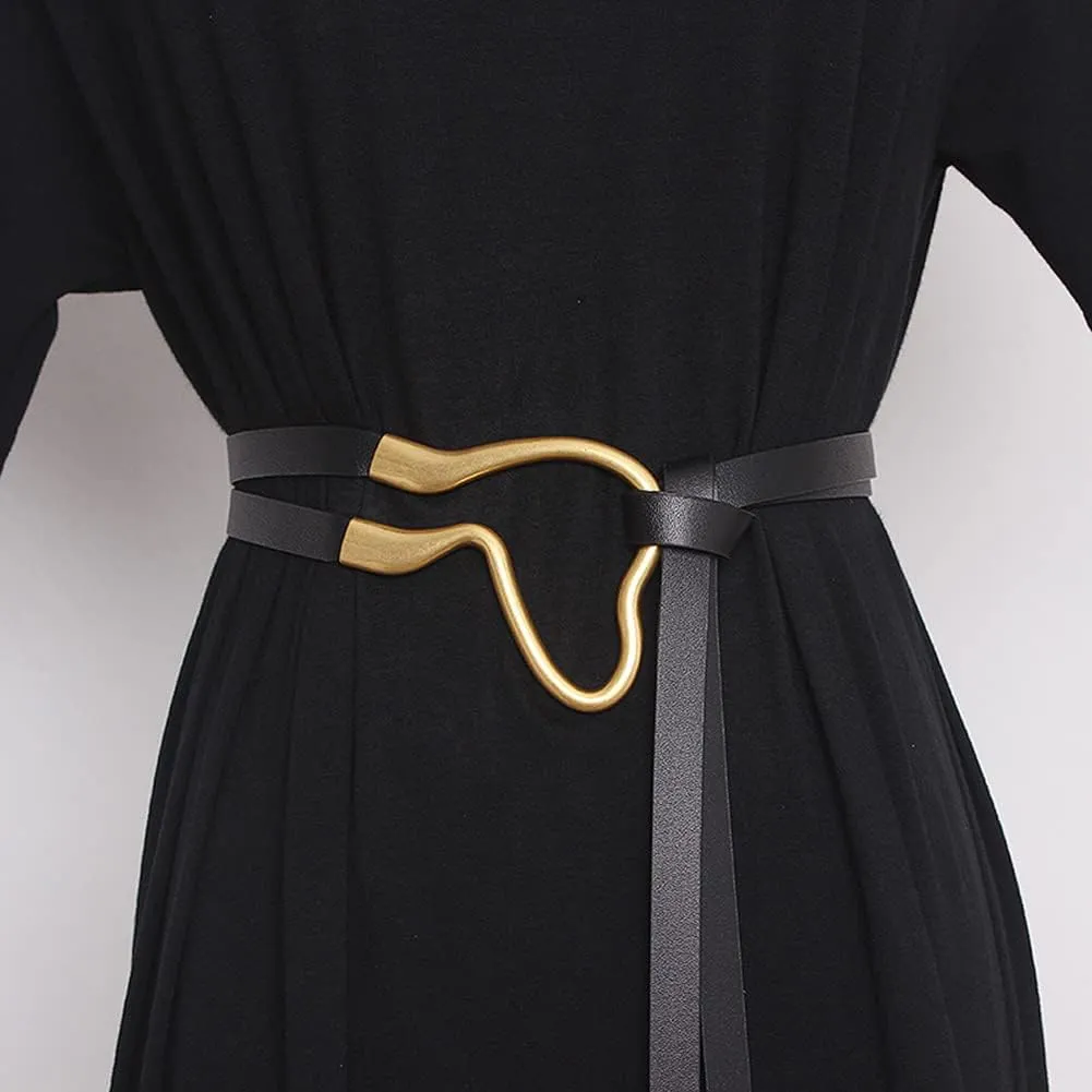 Women Double Strap Tie Knot PU Leather Belt Big Buckle Waist Cinch