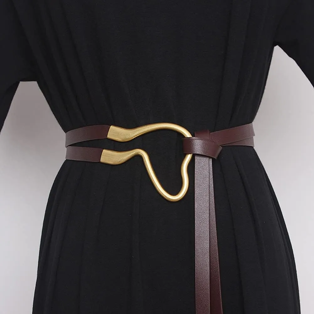 Women Double Strap Tie Knot PU Leather Belt Big Buckle Waist Cinch