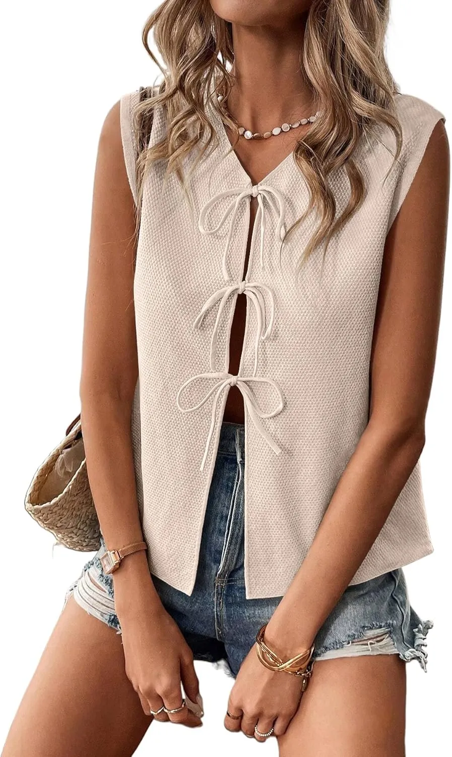 Women Sleeveless Knit Vest Tie Front Crochet Top Casual Sleeveless Short Cardigan
