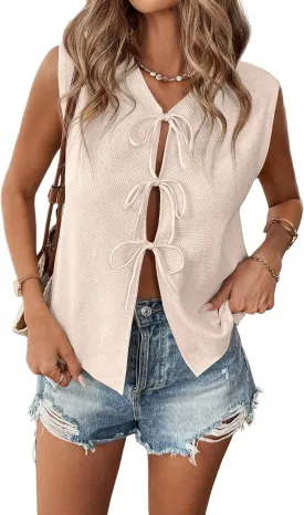 Women Sleeveless Knit Vest Tie Front Crochet Top Casual Sleeveless Short Cardigan
