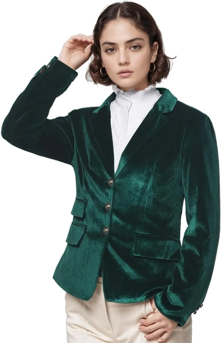Women Vintage Velvet Blazer Jacket V-Neck Work Office Suit Slim Fit Slit Blazer Long Sleeves Dressy Coat