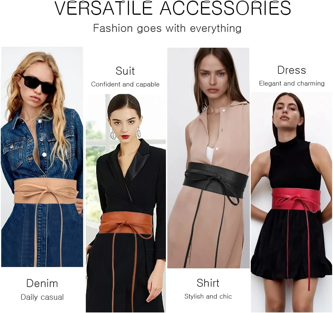 Women Wide Waist Belt Obi Belt PU Leather Knot Tie Up Wrap Around Waistband Vintage Cinch Belt For Dress Shirt Coat