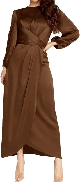 Women's Elegant Empire Waist Long Sleeve Satin Maxi Dress