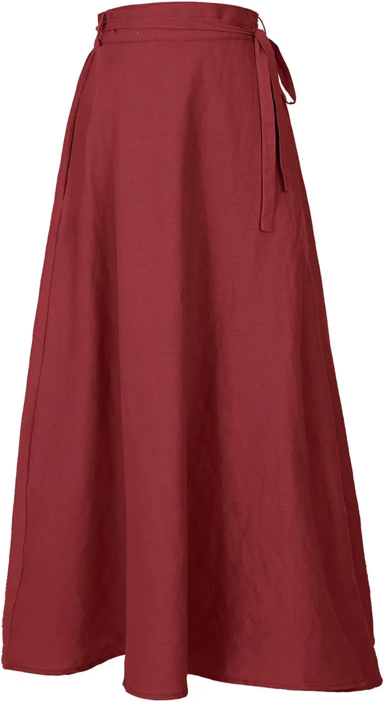 Womens Linen Skirt Elastic Waist A-Line Maxi Skirt with Pockets