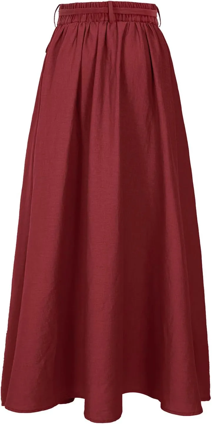 Womens Linen Skirt Elastic Waist A-Line Maxi Skirt with Pockets