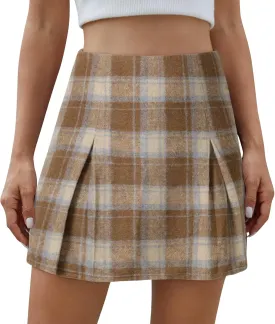 Women's Plaid Mini Skirt Zipper Side High Waisted Pleated A Line Short Skirt